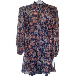 Harper Rose Floral Mini Dress Women Size M Blue Excellence Sheer Long Sleeve
